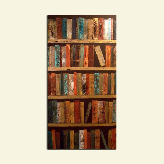 Large Abstract Painting Library Books 24 x 48 Rusted Man Cave