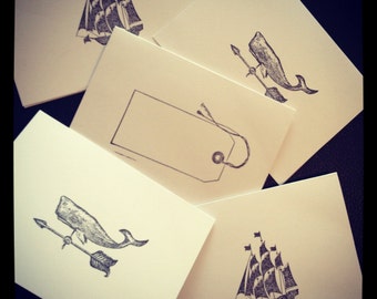 Nautical Stationary // Whale Weather-vane, Sailboat and Tag // Handmade Note Cards // Stationery // 5 Pack