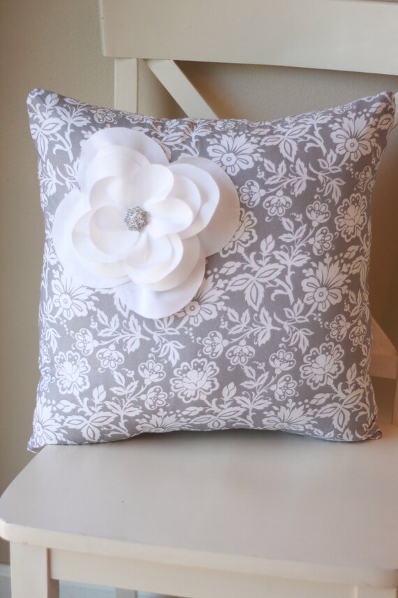 Items similar to Gray Floral pillow with Fraying Flower and Rhinestone