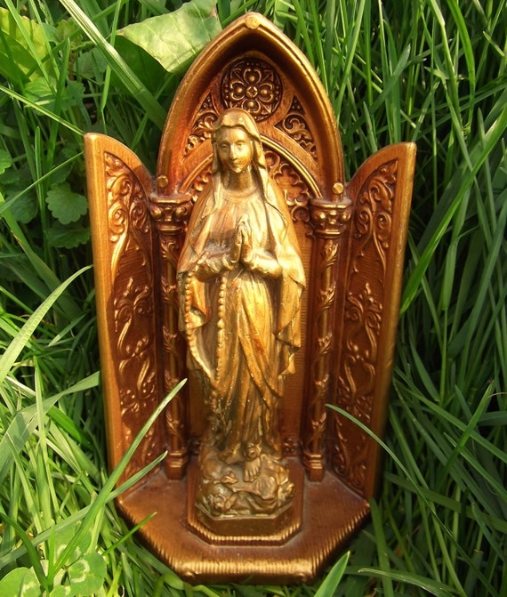 Vintage 1950 Ceramic Virgin MAry Statue and Grotto Brass