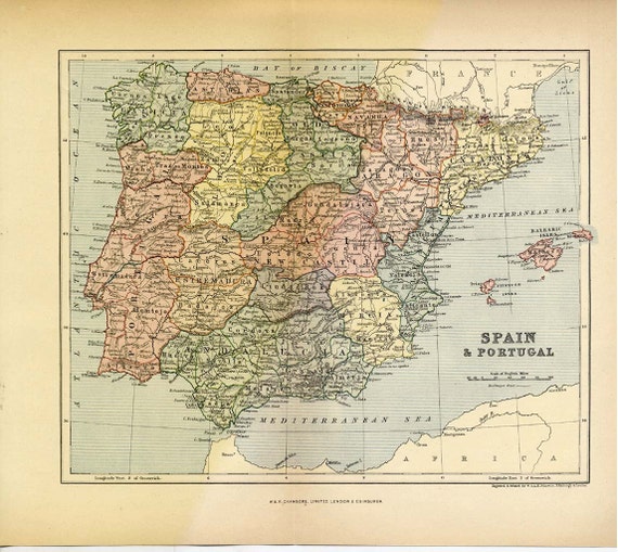 Antique Spain Map 1895 Chambers Encyclopaedia