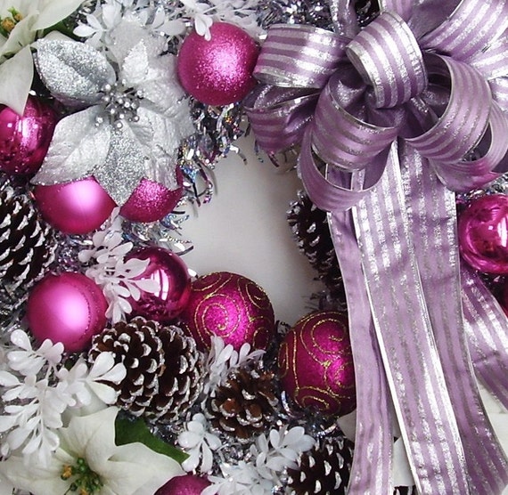 Winter Christmas Holiday Silver Fuchsia Door Wreath