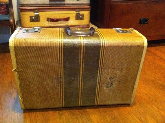 Vintage Striped Tweed Suitcase Koch's Aviation Luggage