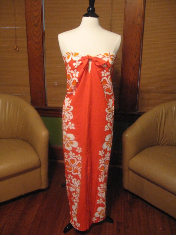 Vintage Hawaiian Tube Maxi Dress in Orange with White and Gold