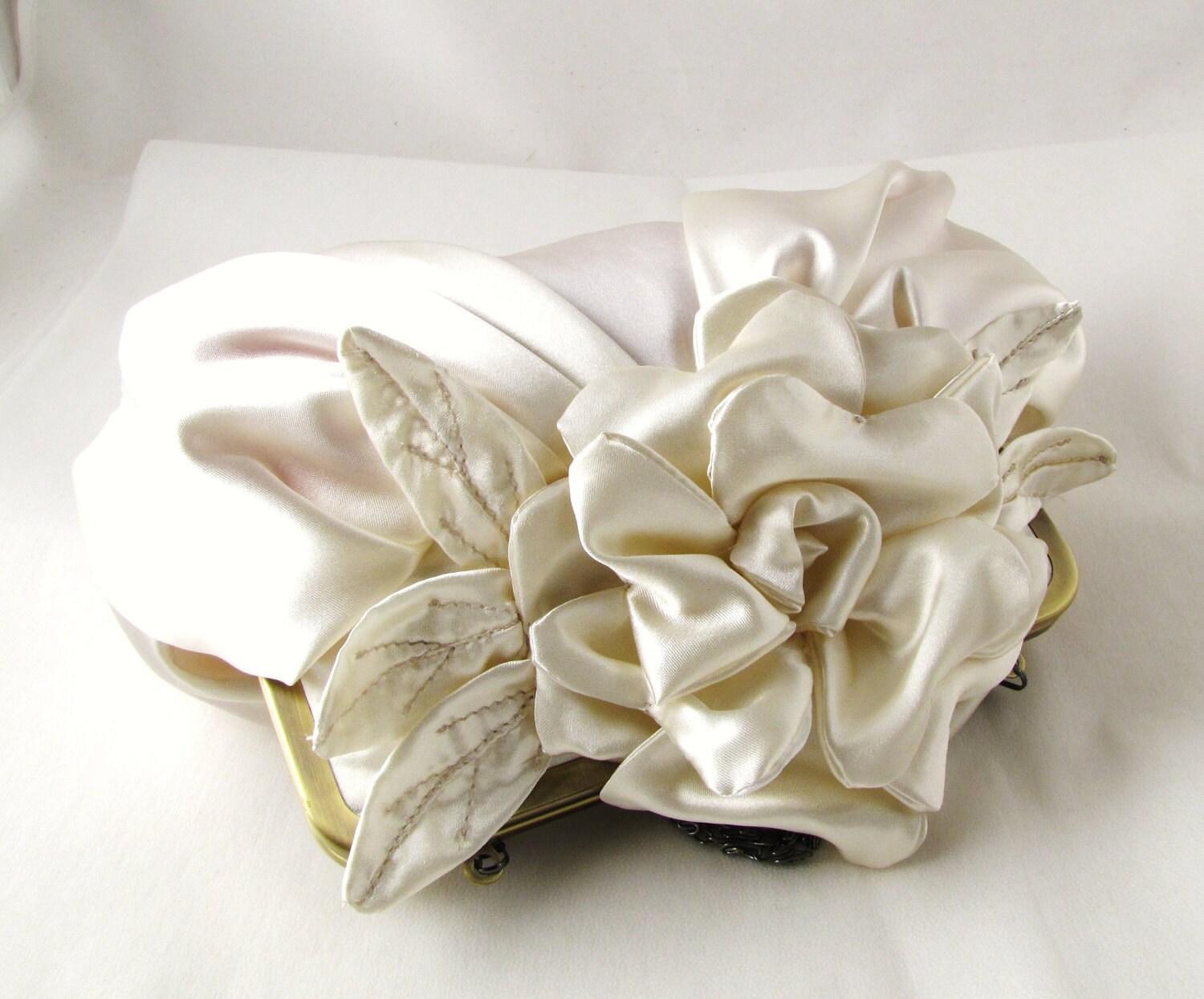 Ivory bridal satin flower clutch wedding purse Gardenia