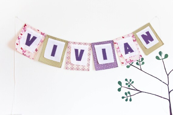 Custom Birthday Banner, Nursery Fabric Decoration, Personalized Wedding Garland, Baby Shower Party Bunting, Purple Green Il_570xn