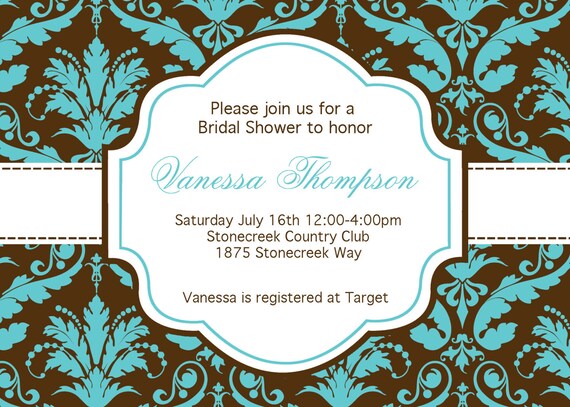 DIY Bridal Shower 3 PRINTABLE Invitation 5x7 brown tiffany blue and white damask Yellow Il_570xn