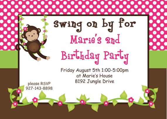 DIY Girls Monkey 2 Birthday Party PRINTABLE Invitation 5x7 4x6 pink green brown GIRL Il_570xn