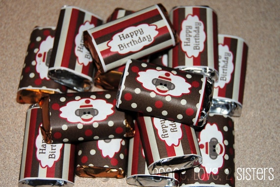INSTANT DOWNLOAD diy  Sock Monkey Birthday Party  PRINTABLE Mini Candy Bar Wrappers red brown favors treats