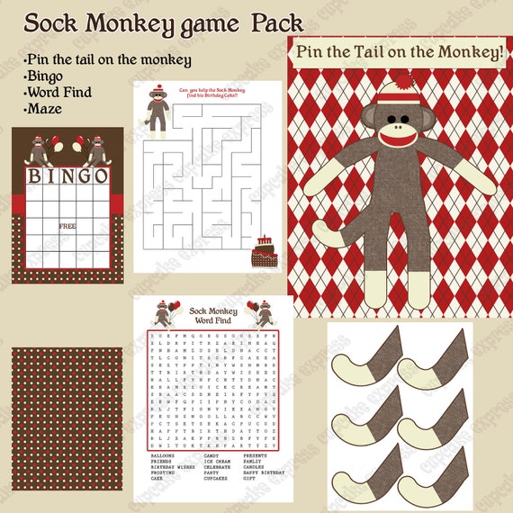INSTANT DOWNLOAD diy Sock Monkey Birthday Party PRINTABLE Game Pack Bingo Maze Word Find Pin the tail on the monkey Il_570xn