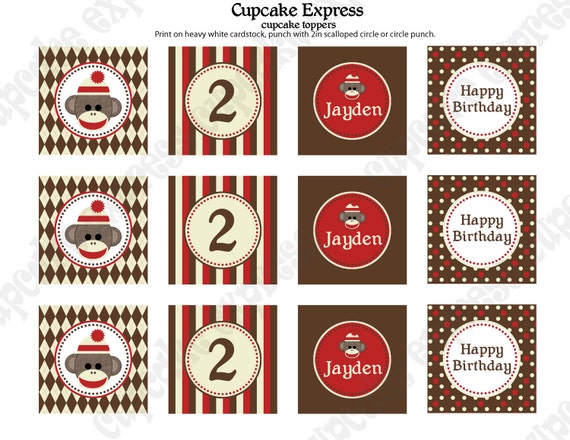 DIY Sock Monkey Birthday Collection Printable party circles 2in Cupcake Toppers or we can PRINT them... Il_570xn