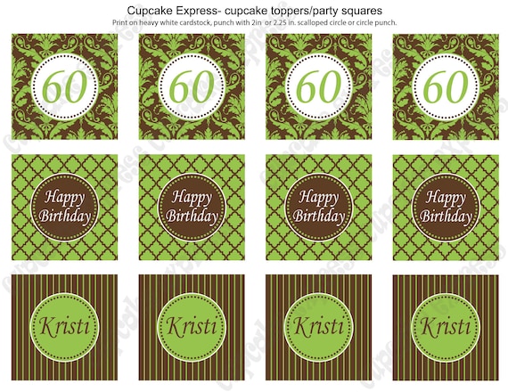 DIY Green & Brown Birthday Shower Anniversary Printable Party Circles 2in cupcake toppers damask stripes quatrefoil Il_570xn