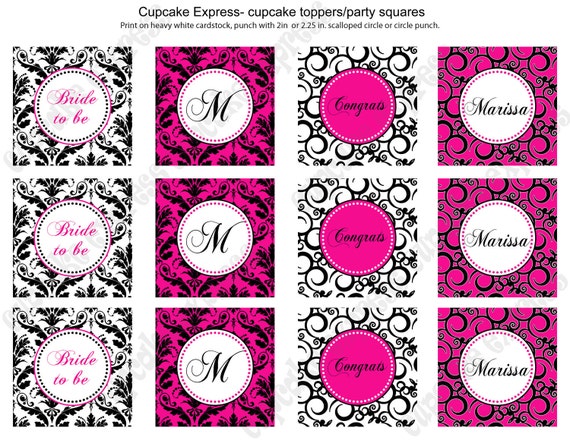 DIY Hot pink Black Damask Bridal Shower Printable Party Circles 2in Cupcake Toppers damask swirls - Cupcake Express Il_570xn