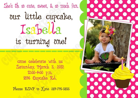 DIY Cupcake 3 Birthday Party PRINTABLE Invitation 5x7 4x6 pink green yellow GIRL first 1st Il_570xn