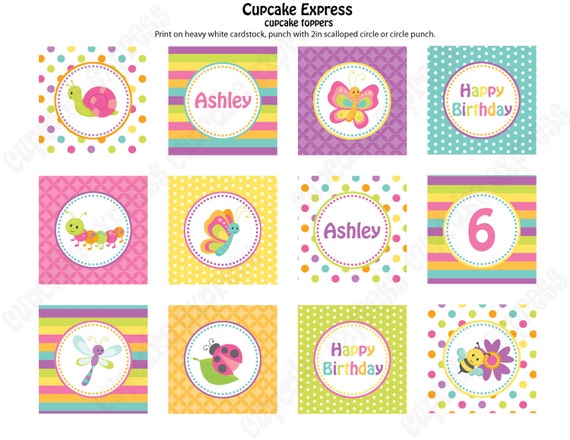 DIY Spring Bugs Birthday Party PRINTABLE Cupcake Topper pink green blue yellow orange bugs -Cupcake Express Il_570xn