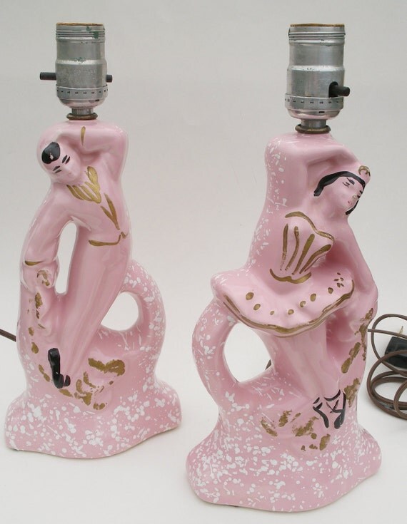 Pair Ballerina Lamps Pink Ceramic 1950s Ballet Boudoir Dresser