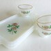 Anchor Hocking Anniversary Rose Snack Sets White Milk Glass with Gold Rims Set of Three Dishes and Tea Cups