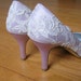 Ready to Ship Size 9 Champagne satin wedding shoes rounded toe heel wrapped in ivory French lace