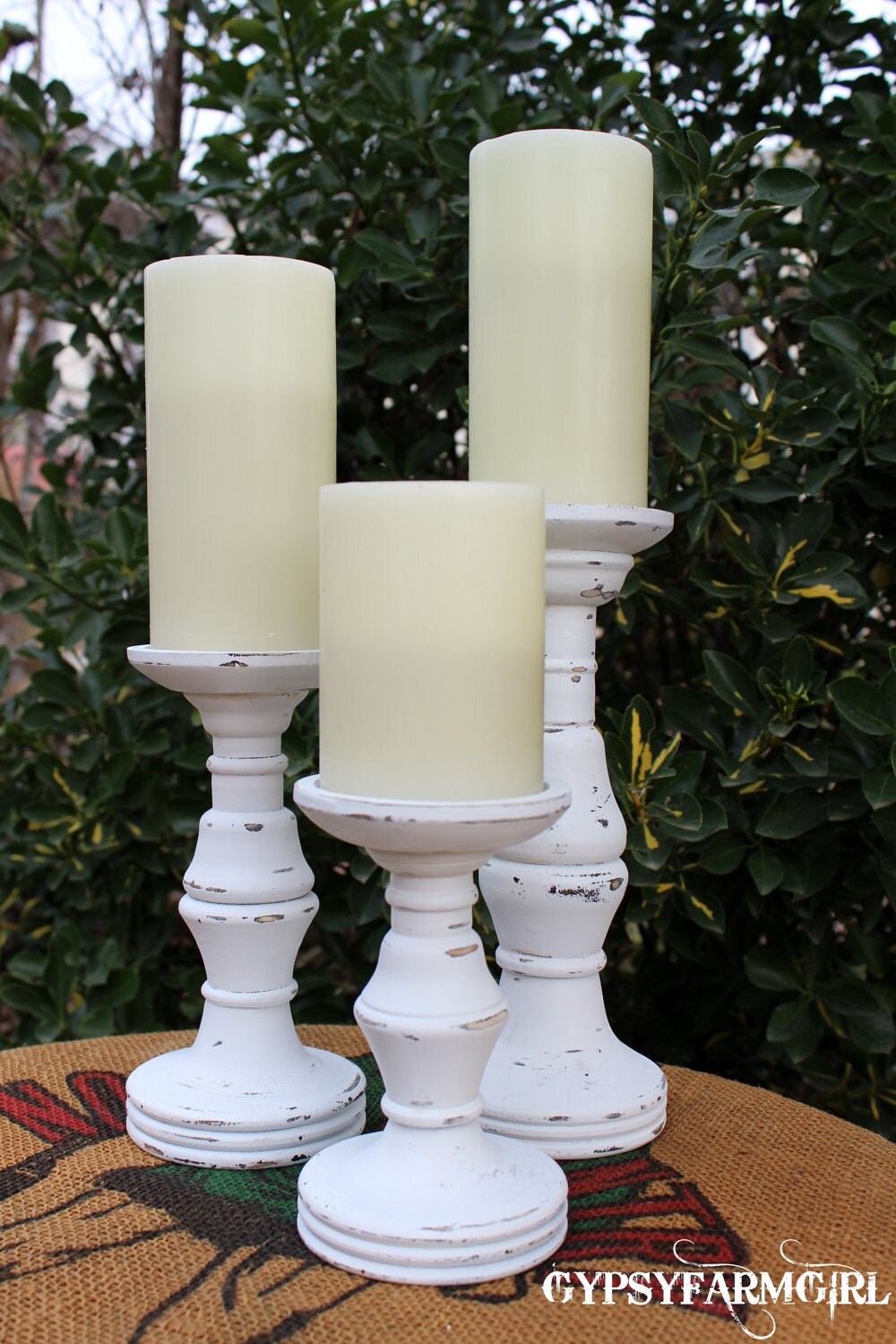 Set of 3 White Distressed Candle Holders Candle Sticks