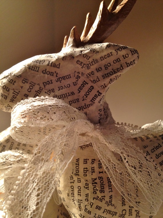 Paper Mache vintage book pages deer twilight bookends art