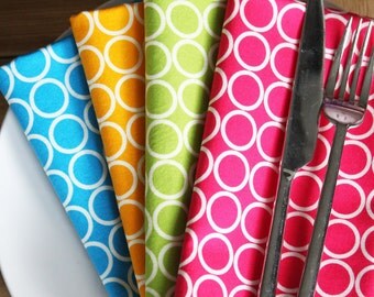 Napkins - 4 fun colors with White Circles - Set of 4 Reversible Cloth - 4 different colors