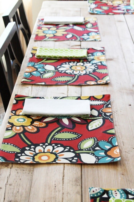 Cloth Placemats Red Big Floral Set of 4