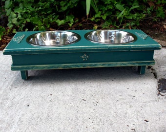 Deep Green Cottage Chic Elevated Dog Bowl Pet Feeder, Dog Bowl, 2 Two Quart Stainless Bowls, Medium Size Dogs and Cats - Made To Order