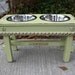 Raised Dog Bowl Pet Feeder Shabby Chic Lime Juice Green Copper Underlay 2 Two Quart Stainless Bowls For Large Dogs Made to Order