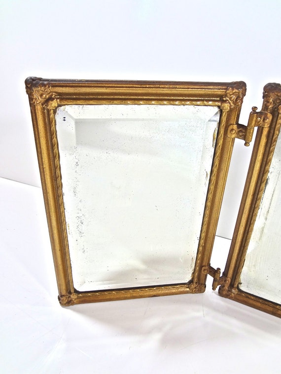 Antique Victorian Gold Tri Fold Mirror with Beveled Glass