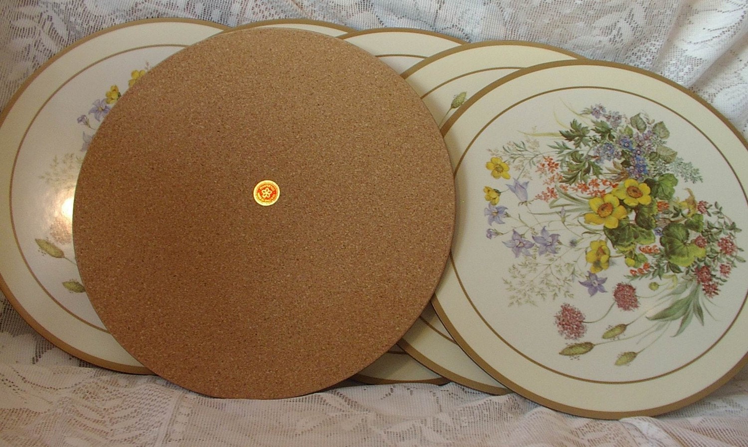 6 Pimpernel round Meadow Flowers cork backed placemats