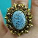 RARE Vintage Antiqued Gold Ornate Deco Filigree Ring with Turquoise Czech Hubbell Art Glass Cabochon