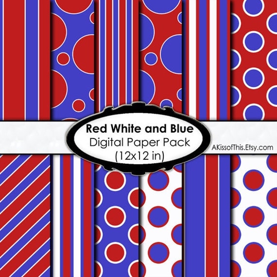 Red White and Blue Digital Paper Pack 12x12 Inch by AKissOfThis