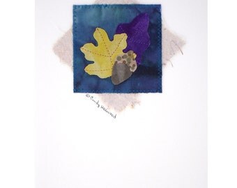 Greeting Card, Fiber Art, Leaves, Yellow Purple Turquoise
