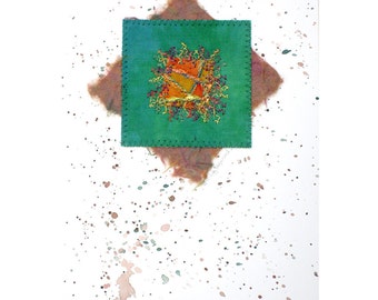 Greeting Card, Fiber Art, Green, Brown, Orange