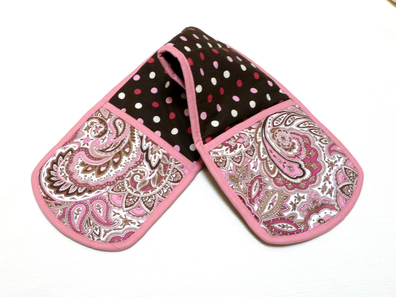 Double Oven Mitt Pot Holders Pink and Brown