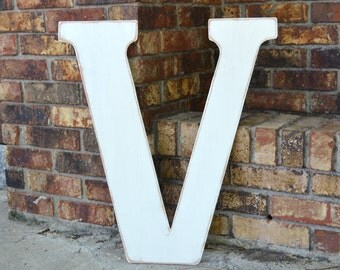 24" Wooden Letter V, Classic Font in Distressed White - all letters available in many colors