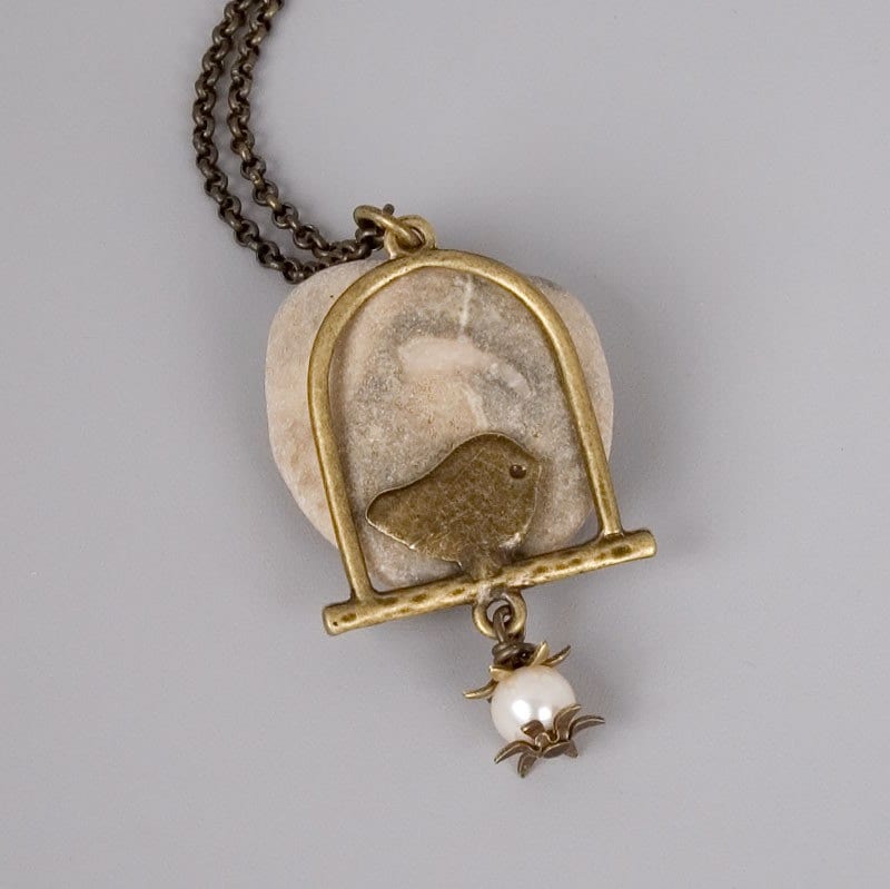 Items similar to Brass Bird Necklace, Bird Pearl Necklace, Simple ...