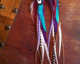 Colorful Feather Earrings Long Grizzly Rooster Feather Earrings with Purple, Turquoise, White, and Brown Feathers