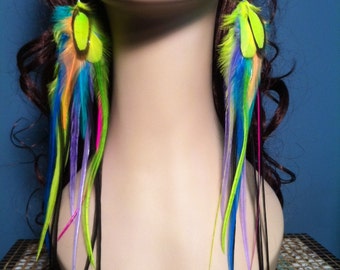 Long Feather Earrings Neon Rainbow Bright Statement Earrings Colorful Feather Earings, Rave Neon Jewelry