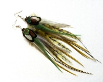 Long Feather Earrings - Shades Of Green - Boho Hippie Feather Earings