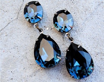 Vintage Navy Blue Earrings Swarovski Crystal Earrings Tear Drop Post Dangle or Clip on Rhinestone Pear Earrings Duchess Hourglass Mashugana