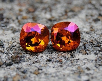Orange Pink Vintage Swarovski Crystal Earrings Super Sparklers Vintage Orange Pink Diamond Square Princess Cut Studs Mashugana