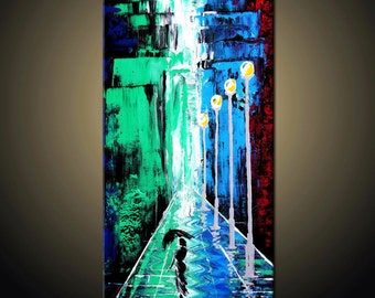 Cityscape painting, Original Contemporary Palette Knife Fine Art Painting Abstract Textured On Stretched Canvas Ready To Hang 24''x12''