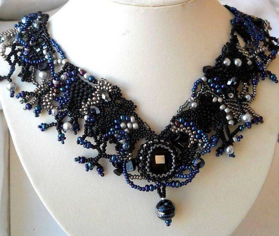 Beaded jewelry. Black Grey Blue Zephyr Free form Peyote by ibics