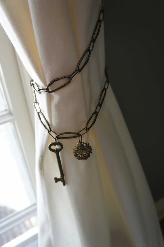 Curtain Tie Backs Tiebacks Drapery Tie Back Tieback Vintage Unique Chain Key Jewelry OOAK FREE SHIPPING