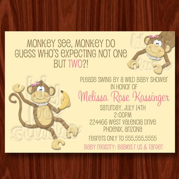 Items similar to Twin Girls Monkey Baby Shower Invitation ...