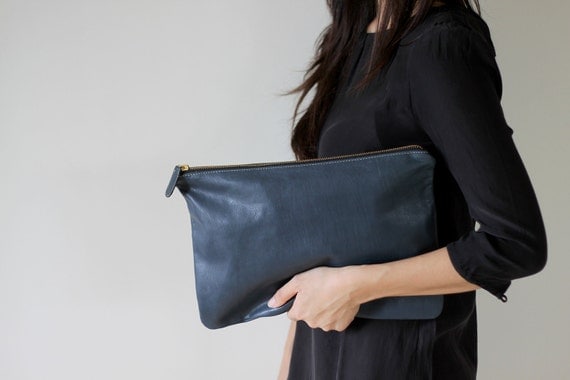 Medium Leather Carry All Pouch Clutch Purse Midnight Blue