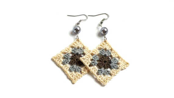Crochet earrings in cream beige gray and browny green, bead decorated, silver plated hooks, squares earrings, fiber jewelry, textile jewelry