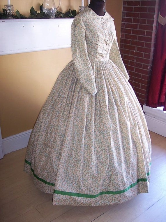 Beautiful Golden Khaki Floral Civil War Day/Camp Dress