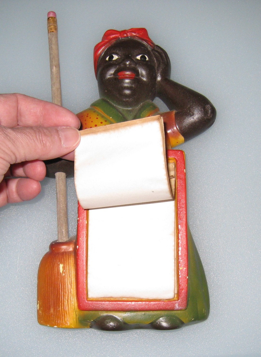 1954 Black Americana MAMMY Chalkware Figure Notepad w/ Broom